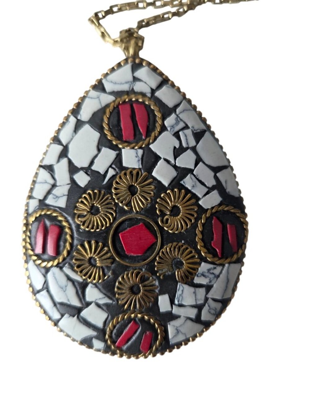 Zad Mosaic Teardrop Pendant Necklace With Brass Chain Handcrafted Design Made In